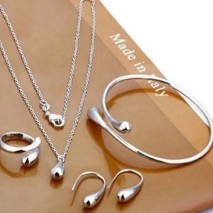 925 Sterling Silver Plated Waterdrop Jewelry Set Bracelet Necklace Earrings